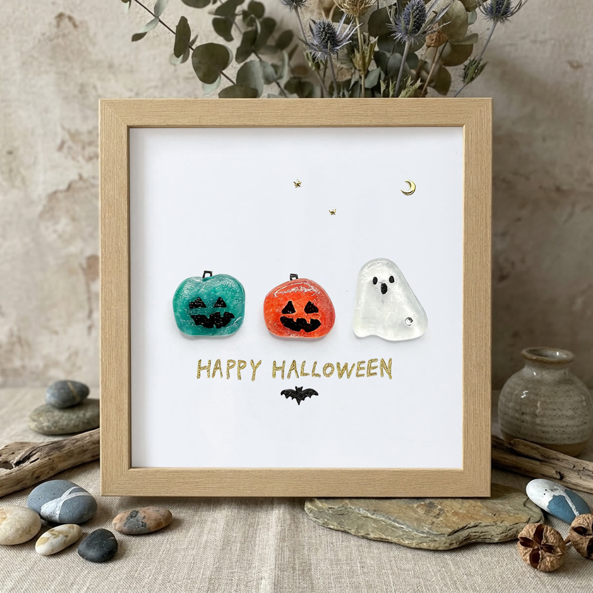 Halloween Jack O lantern And Ghost House Sea Glass Framed Art - Oak - 8" X 8" - image 5