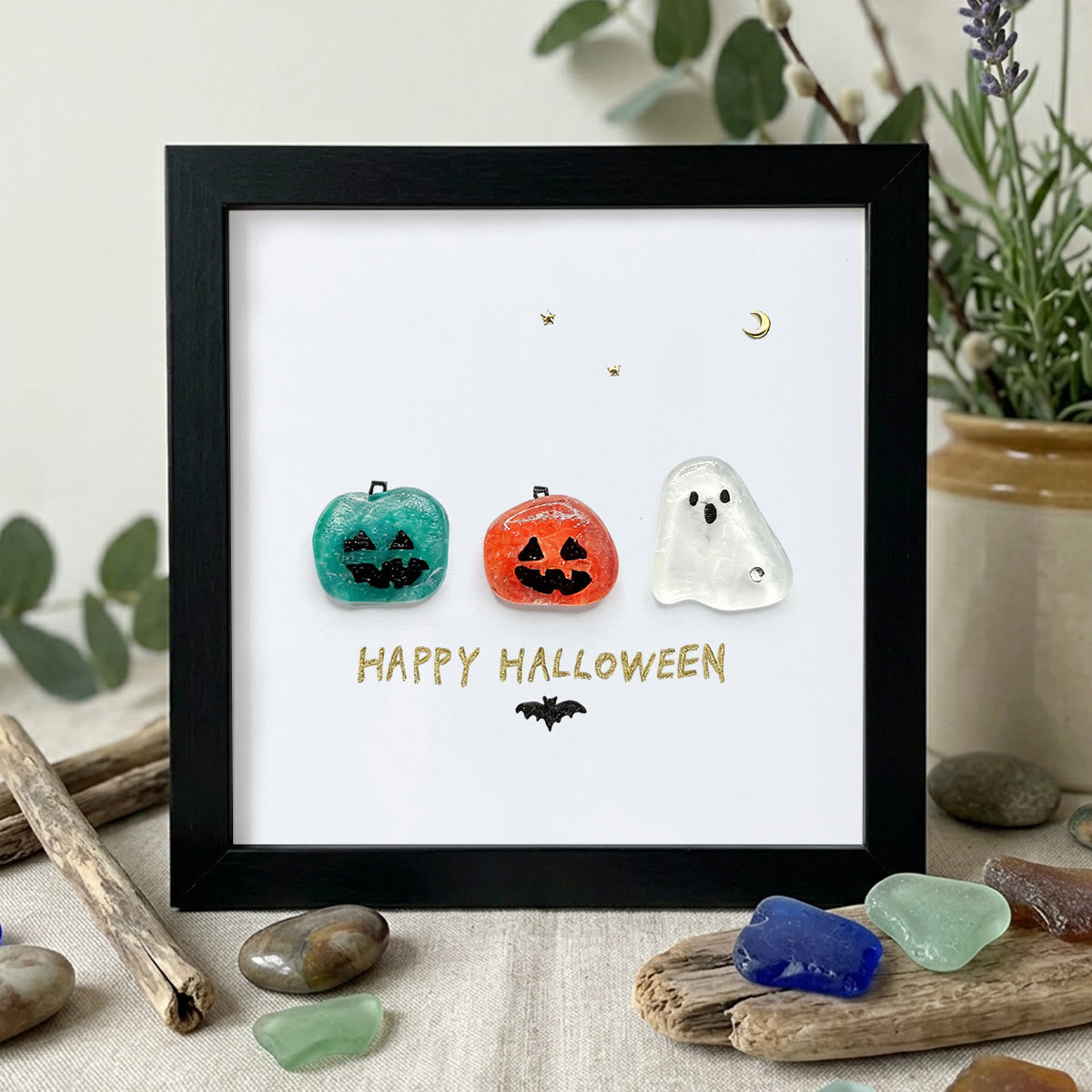 Halloween Jack O lantern And Ghost House Sea Glass Framed Art - Black - 8" X 8" - image 6