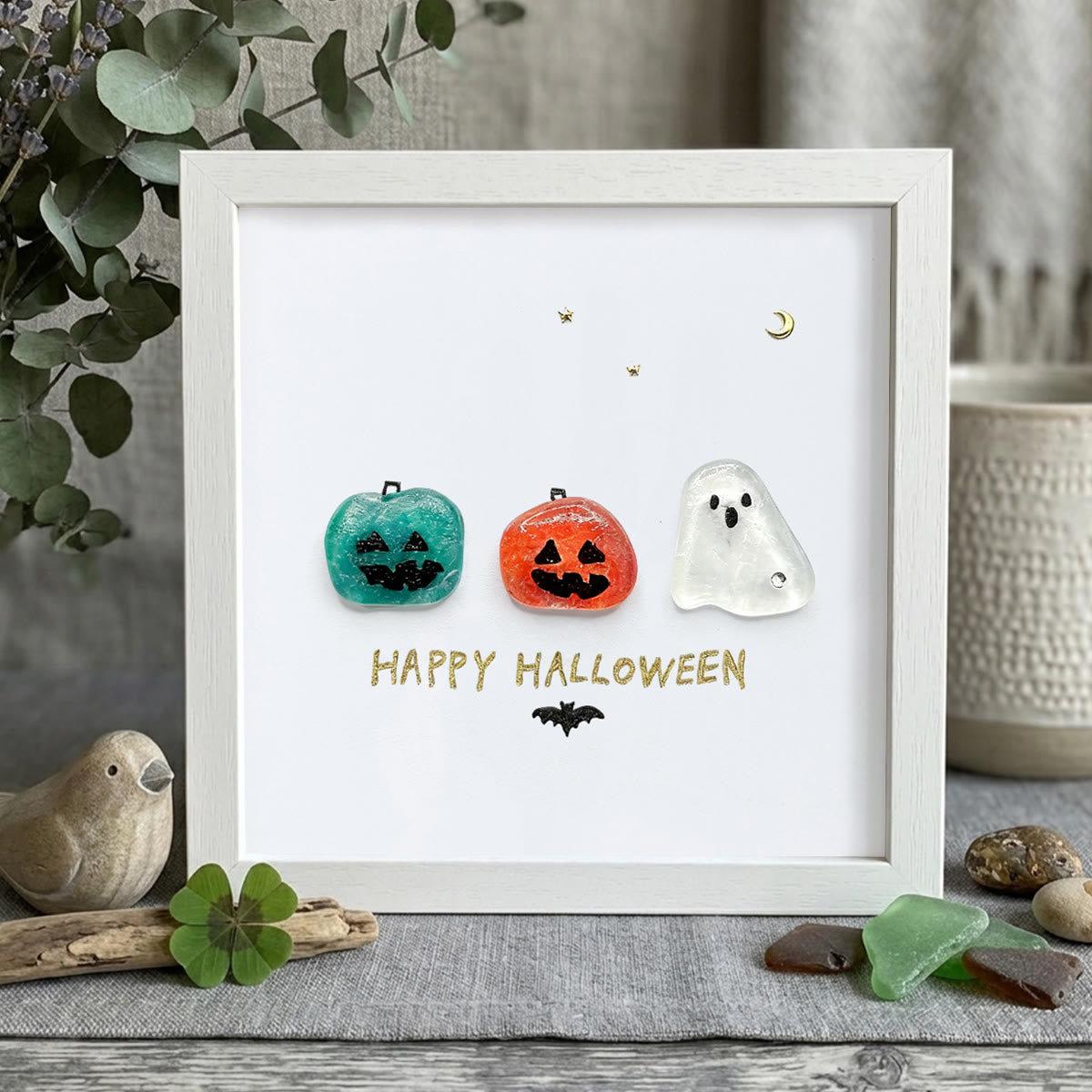 Halloween Jack O lantern And Ghost House Sea Glass Framed Art - White - 8" X 8" - image 7