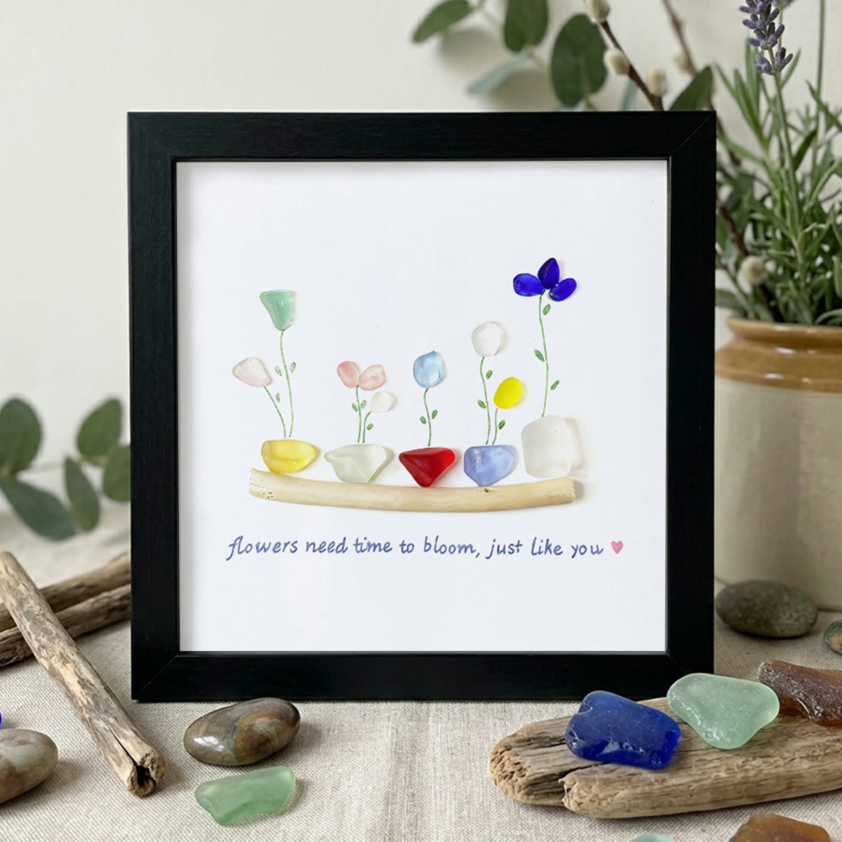 Encourage Colorful Flower Seaglass Card Artwork With Frame - Black - 8" X 8" - image 9