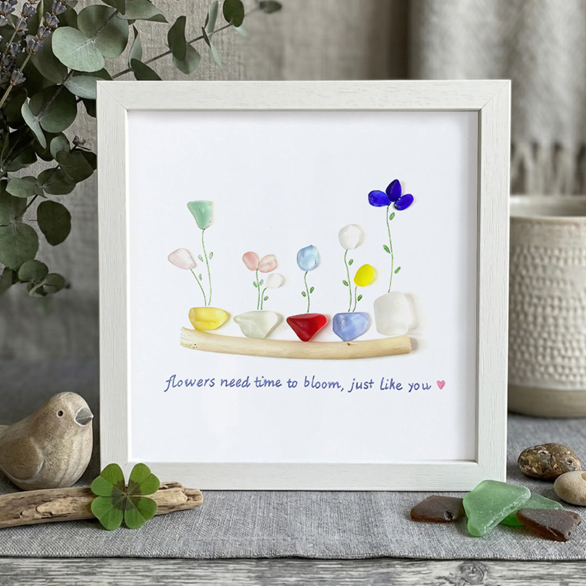 Encourage Colorful Flower Seaglass Card Artwork With Frame - White - 8" X 8" - image 10