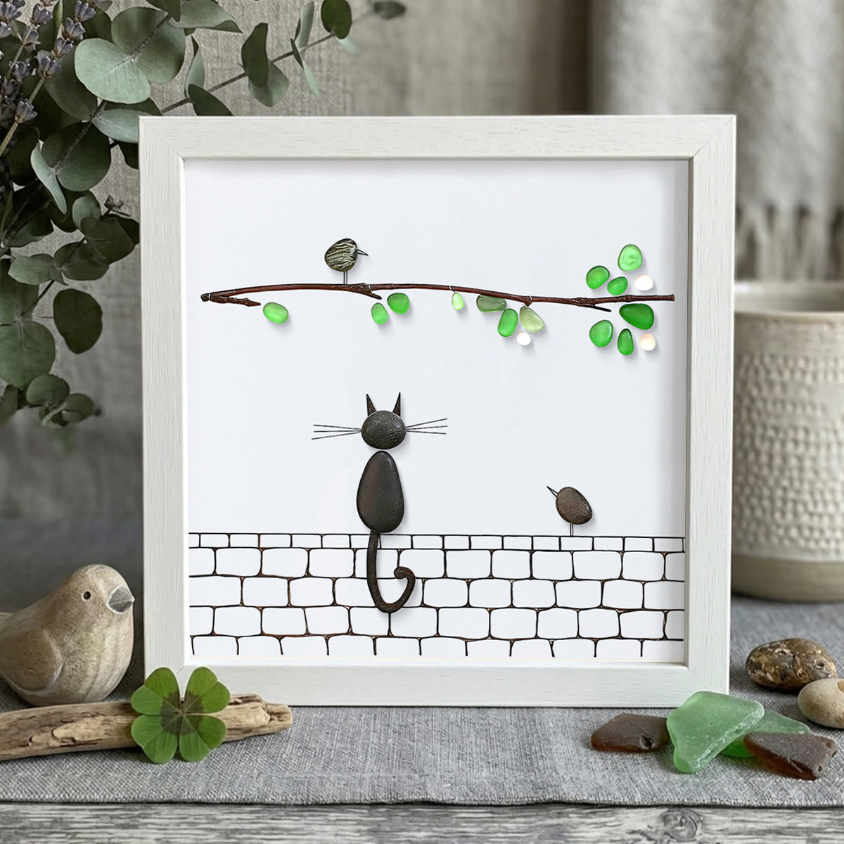 Cat Sea Glass Framed Art - White - 8" X 8" - image 11