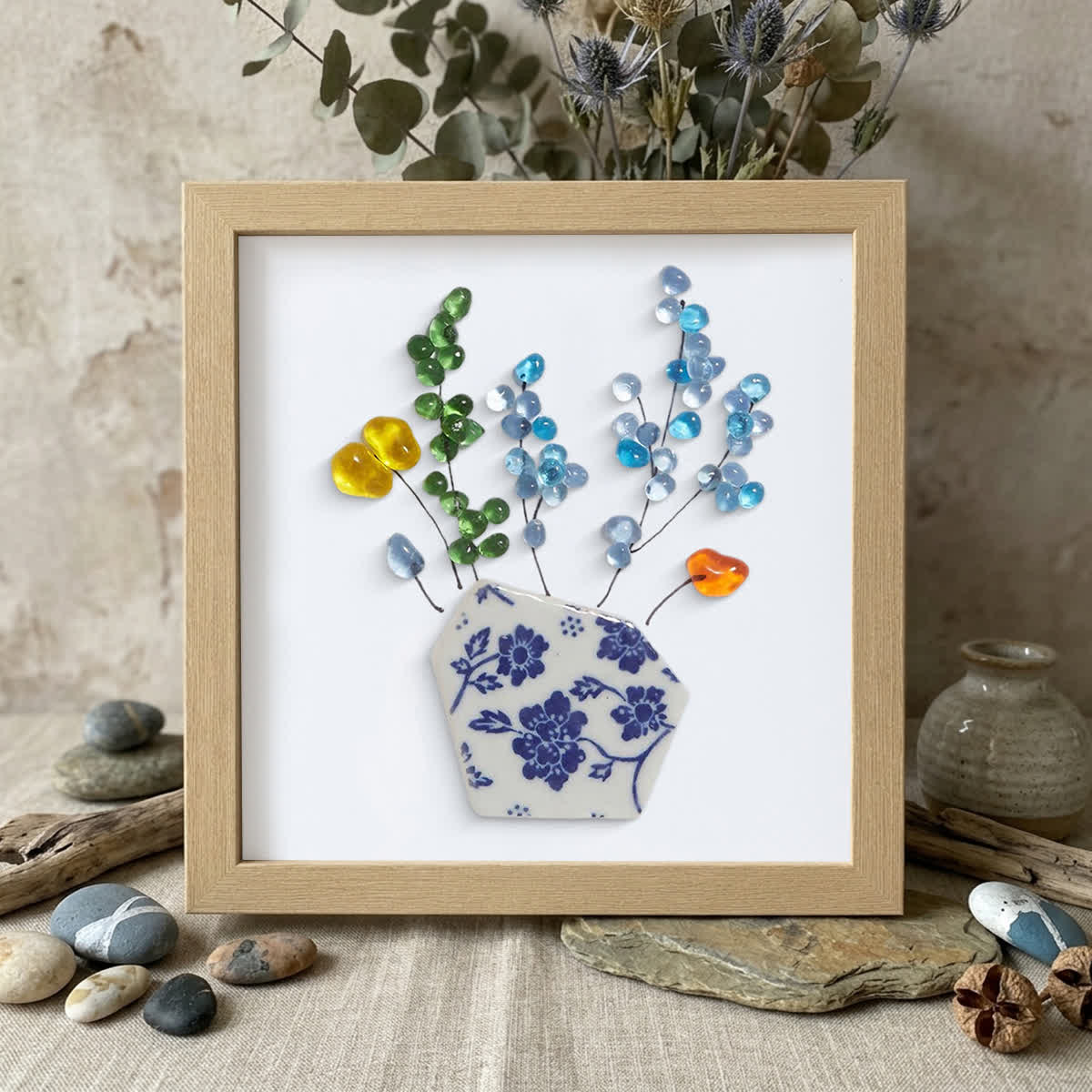 Colored Floral In Blue And White Vase Sea Glass Framed Art - Oak - 8" X 8" - image 13