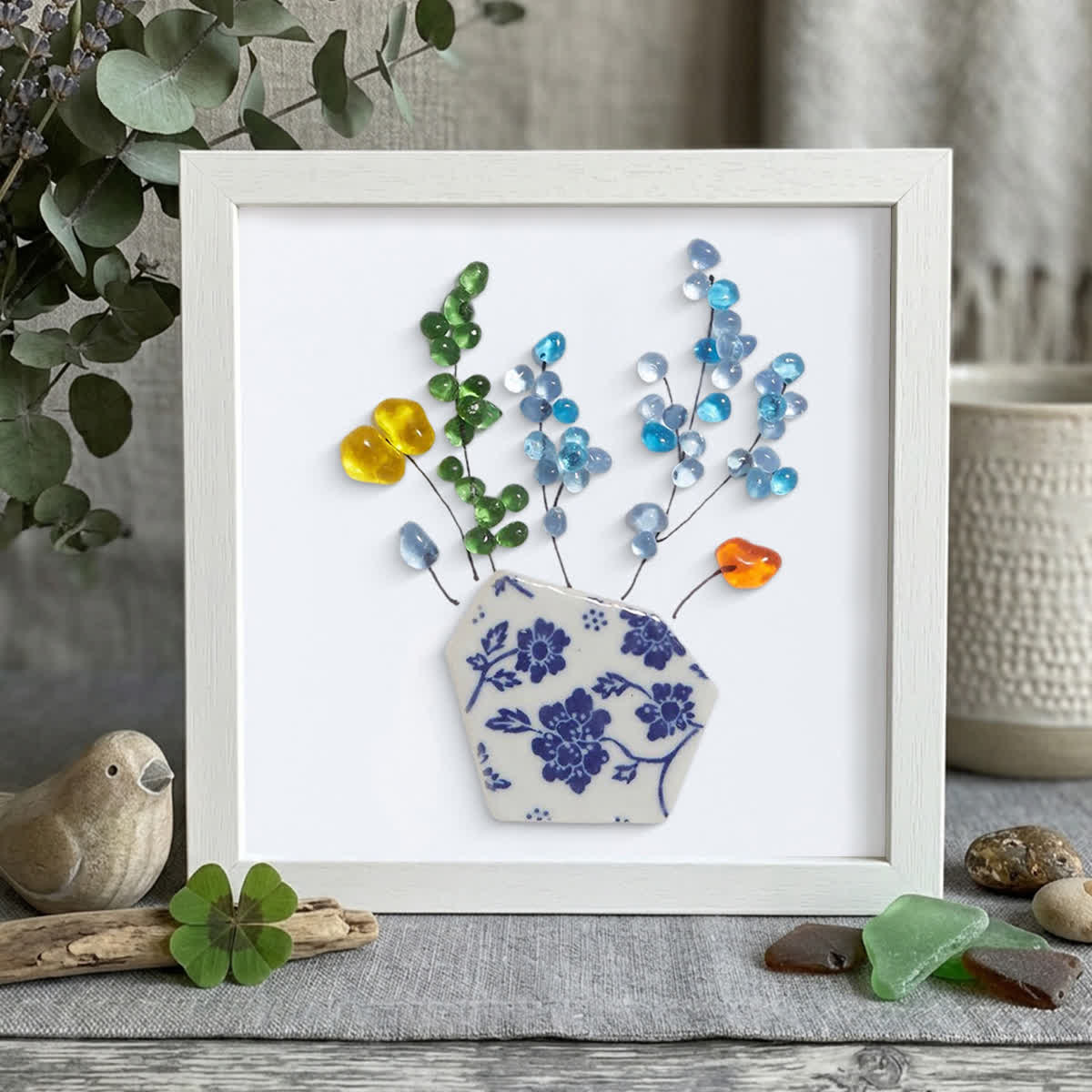 Colored Floral In Blue And White Vase Sea Glass Framed Art - White - 8" X 8" - image 15