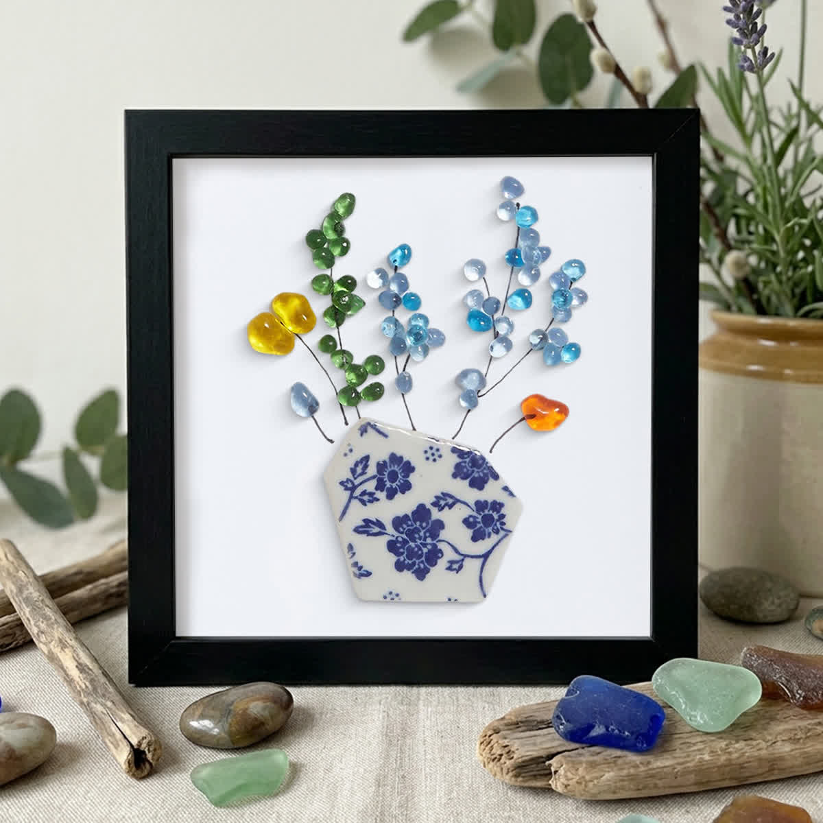 Colored Floral In Blue And White Vase Sea Glass Framed Art - Black - 8" X 8" - image 14