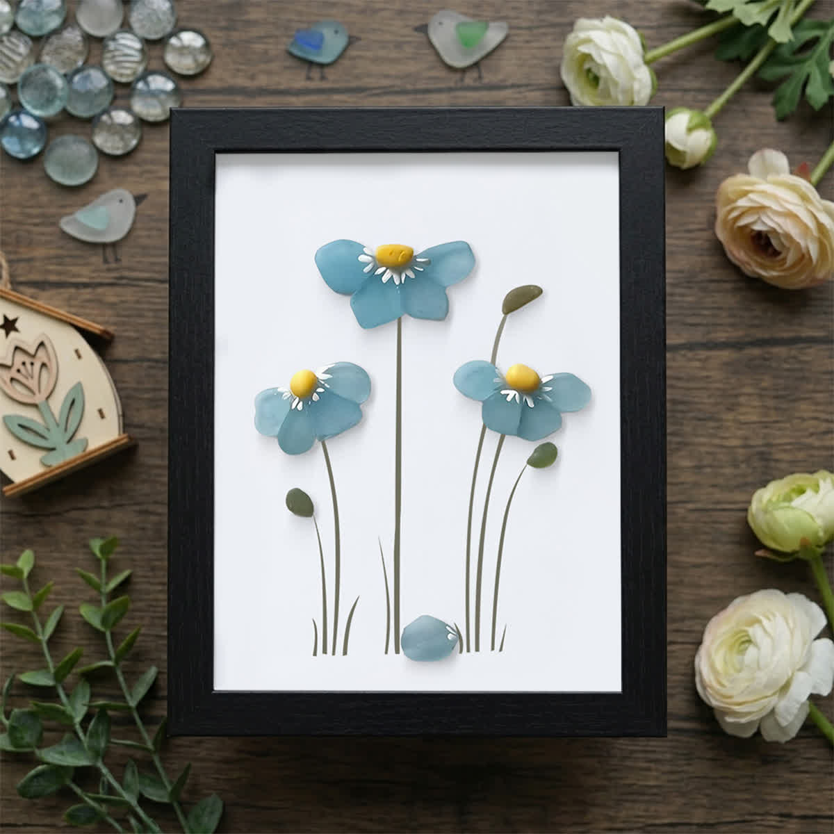 Blue Blossoming Flower Sea Glass Framed Art - Black - 8" X 6" - image 11