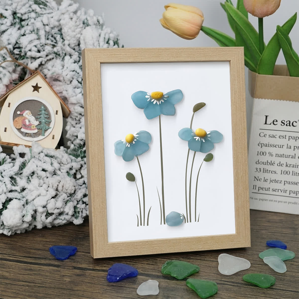 Blue Blossoming Flower Sea Glass Framed Art - Oak - 8" X 6" - image 9