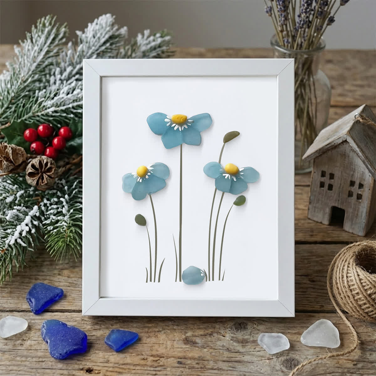 Blue Blossoming Flower Sea Glass Framed Art - White - 8" X 6" - image 12