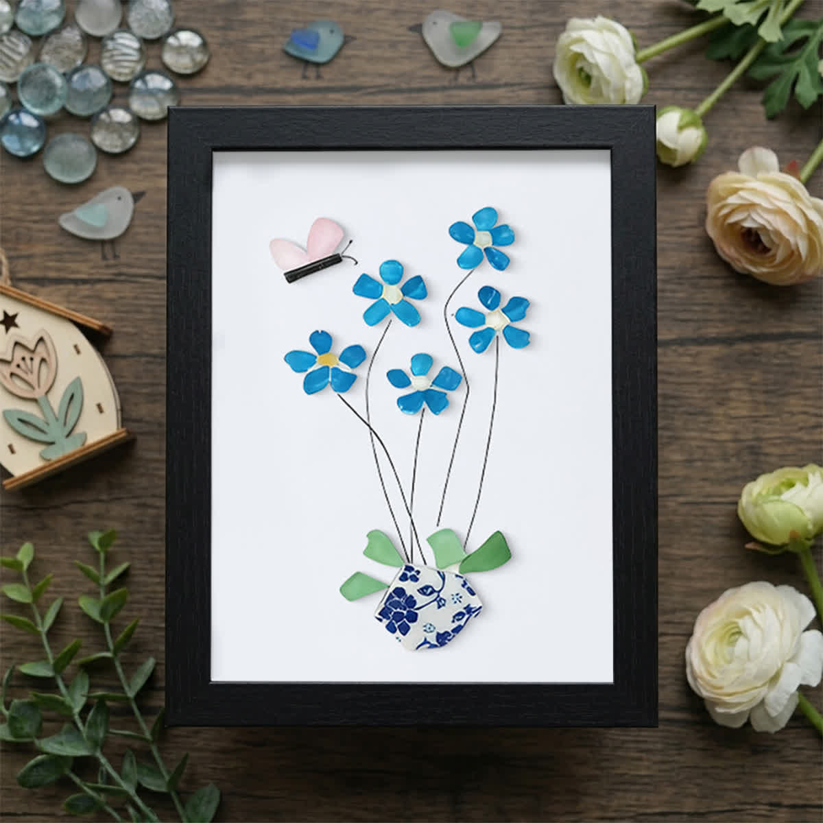 Blue Flower And Butterfly Seaglass Card Artwork With Frame - Black - 8" X 6" - image 12