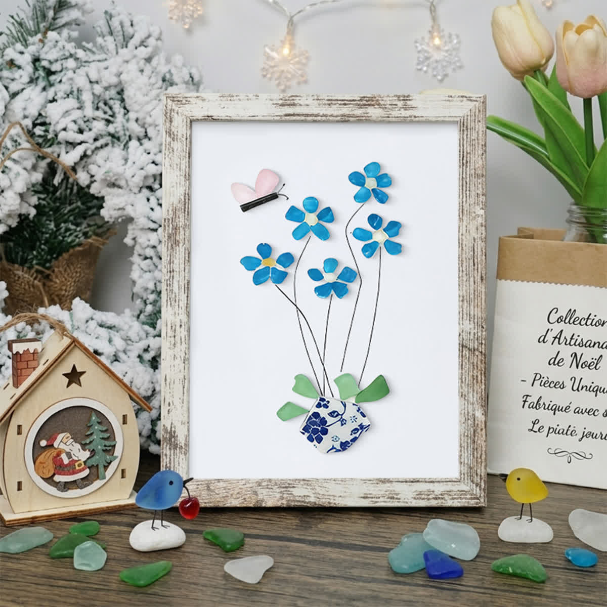 Blue Flower And Butterfly Seaglass Card Artwork With Frame - Retro White - 8" X 6" - image 14