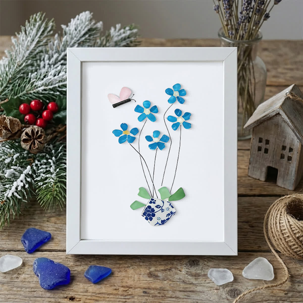 Blue Flower And Butterfly Seaglass Card Artwork With Frame - White - 8" X 6" - image 16