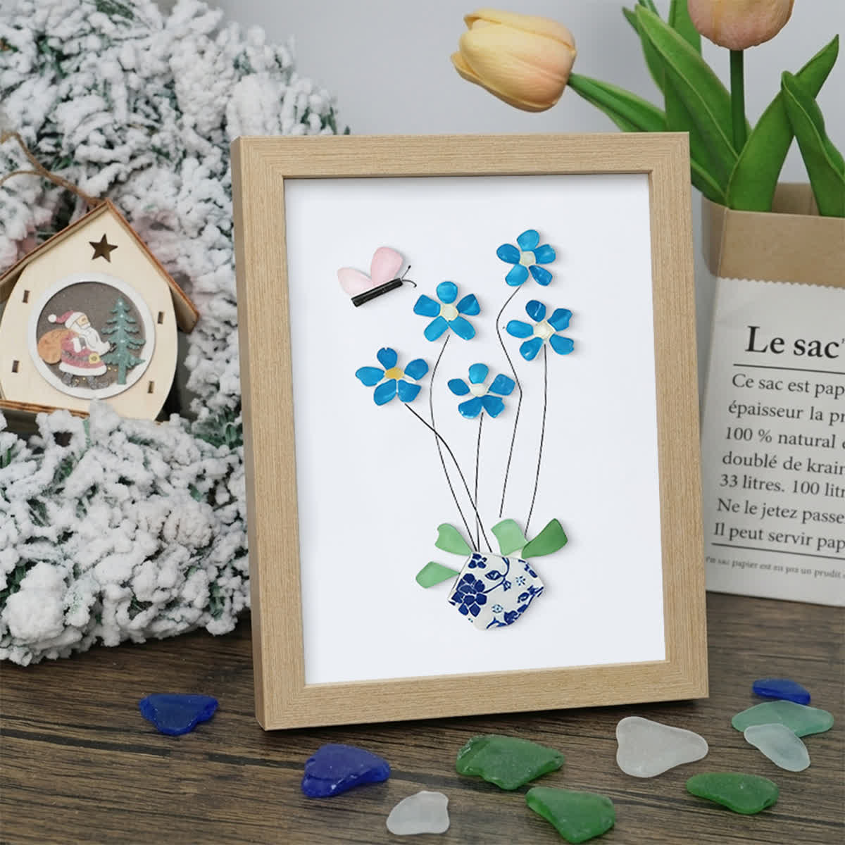 Blue Flower And Butterfly Seaglass Card Artwork With Frame - Oak - 8" X 6" - image 13