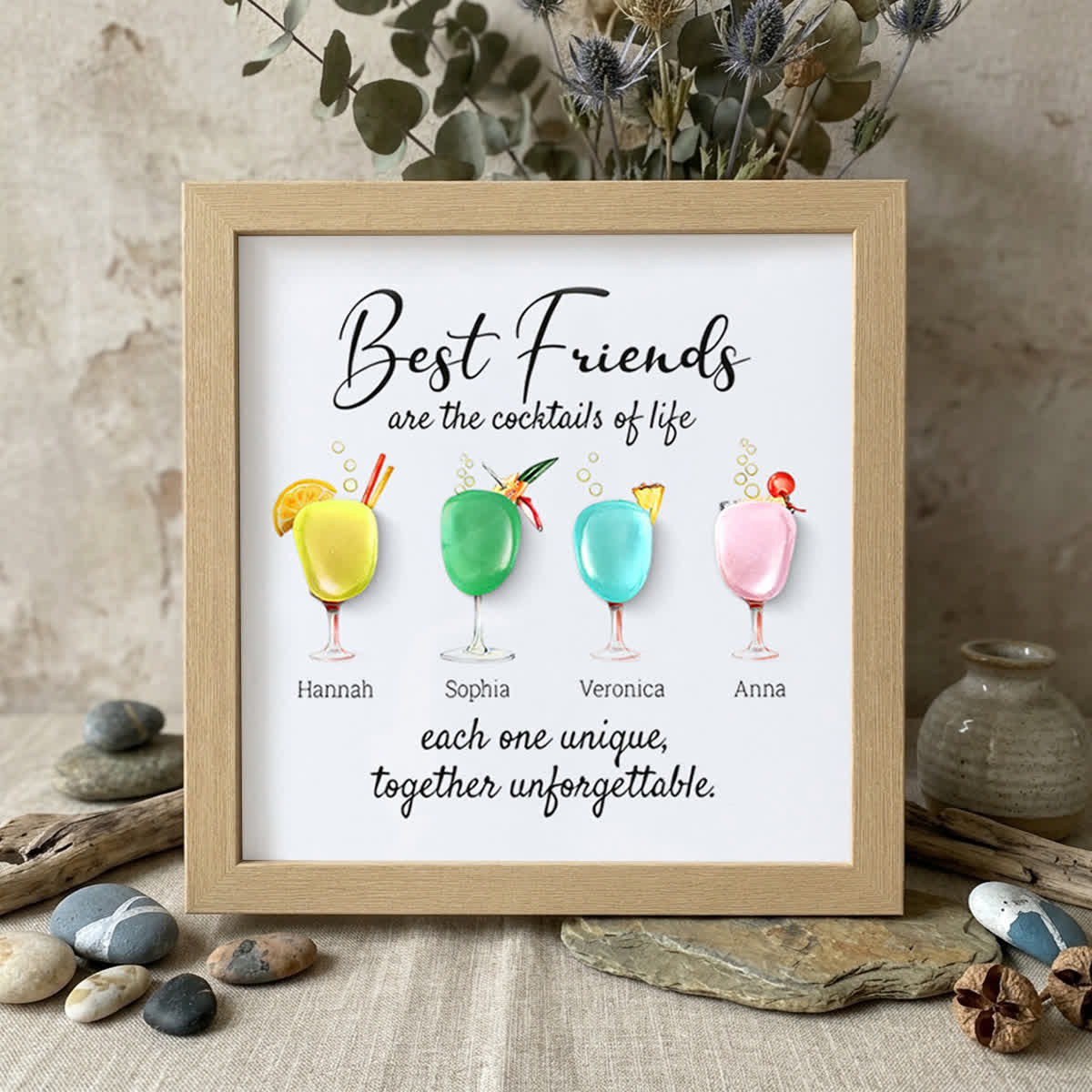 Best Friends Friendship Gift Seaglass Card Artwork With Frame - Oak - 8" X 8" - image 8