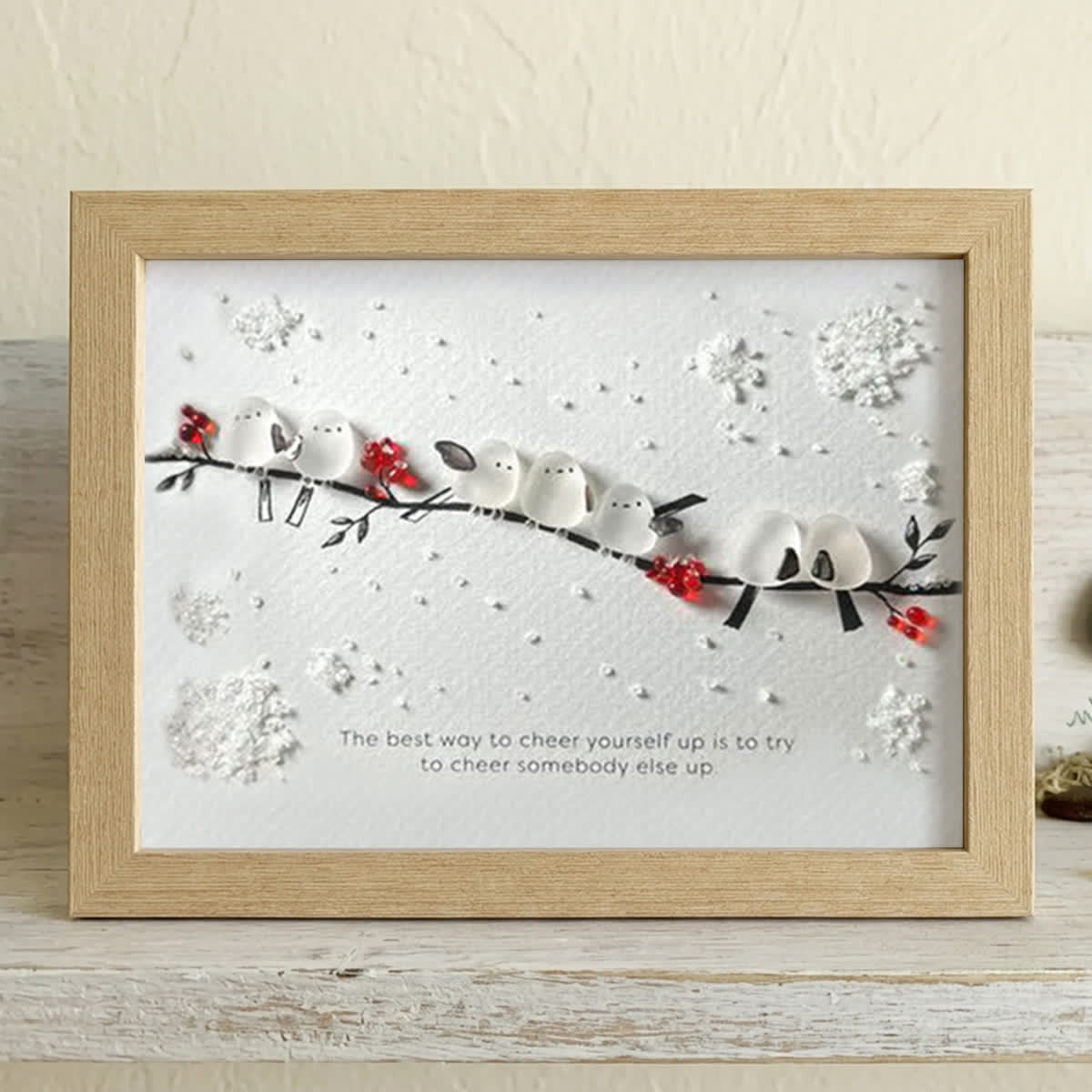 Heartwarming Birds On Snowy Branch Sea Glass Framed Art - Oak - 6" X 8" - image 11