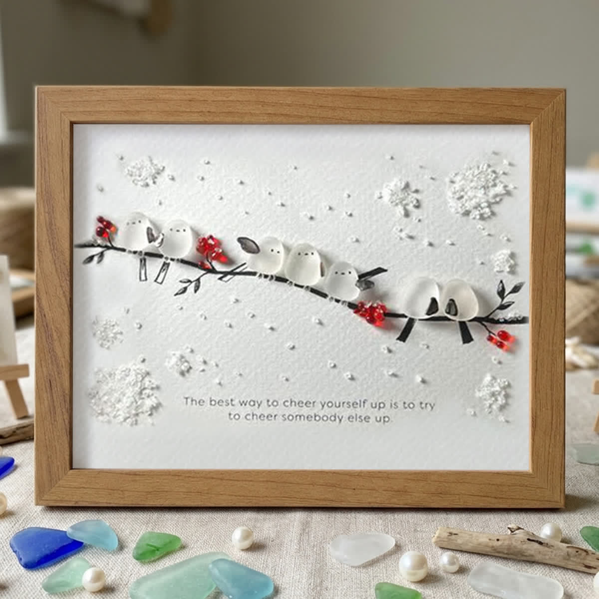 Heartwarming Birds On Snowy Branch Sea Glass Framed Art - Walnut Brown - 6" X 8" - image 13