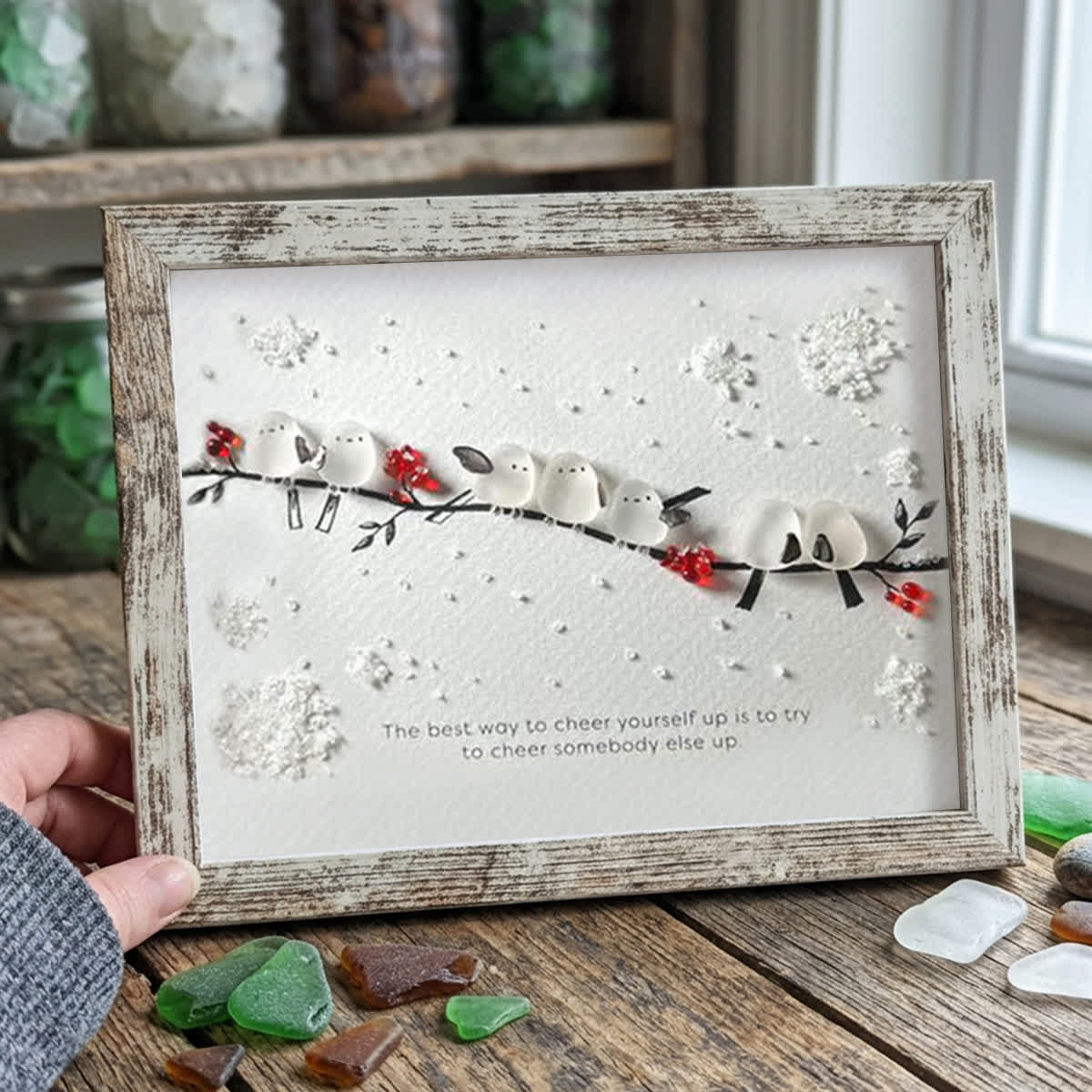Heartwarming Birds On Snowy Branch Sea Glass Framed Art - Retro White - 6" X 8" - image 15