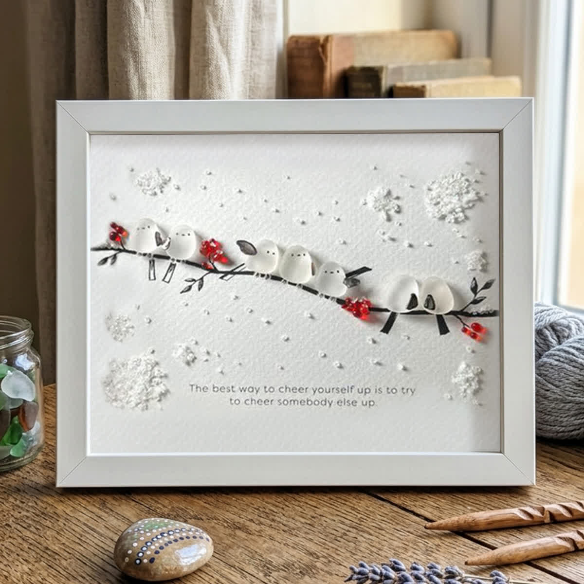 Heartwarming Birds On Snowy Branch Sea Glass Framed Art - White - 6" X 8" - image 12