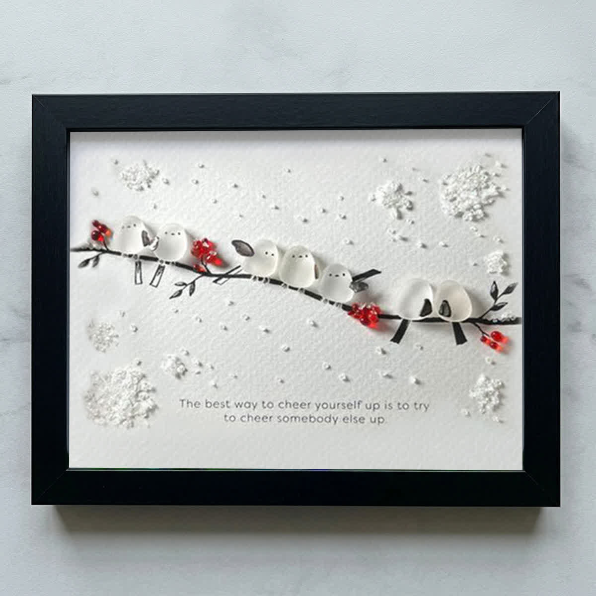 Heartwarming Birds On Snowy Branch Sea Glass Framed Art - Black - 6" X 8" - image 14
