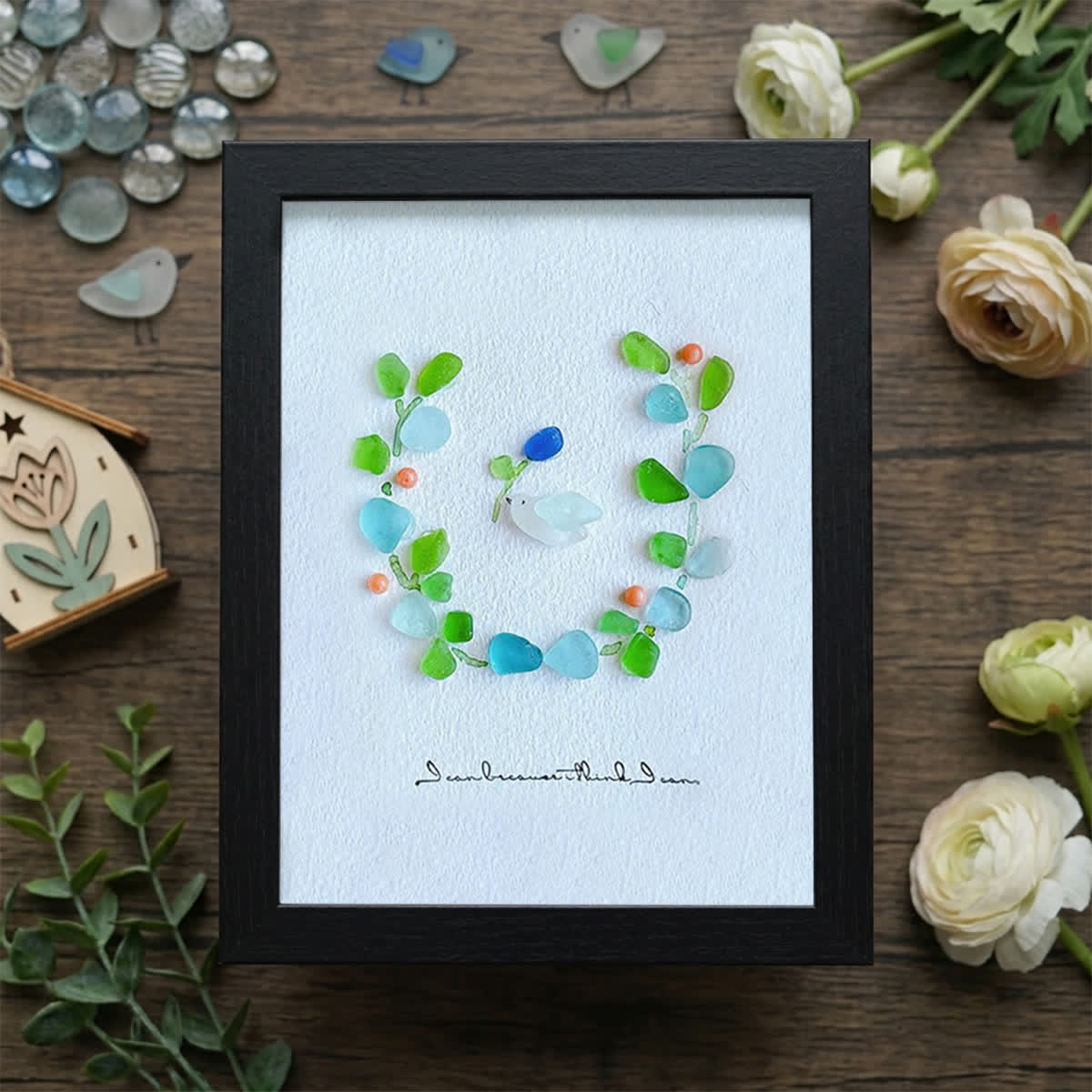 Serenity in Bloom Flower and Bird Sea Glass Framed Art - Black - 8" X 6" - image 15
