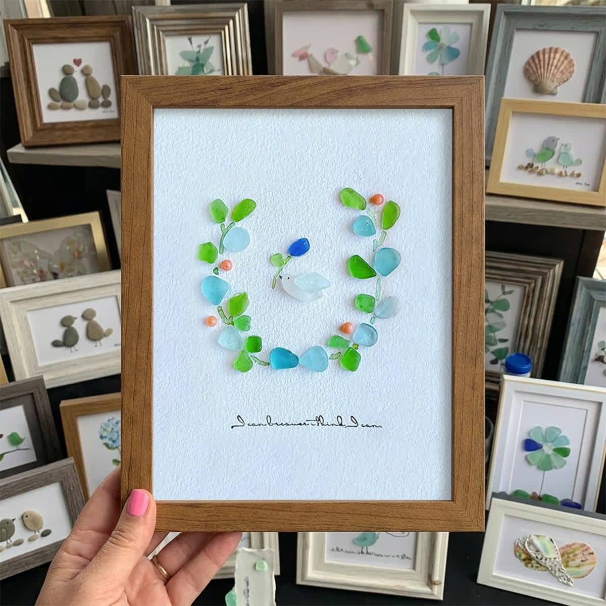 Serenity in Bloom Flower and Bird Sea Glass Framed Art - Walnut Brown - 8" X 6" - image 14