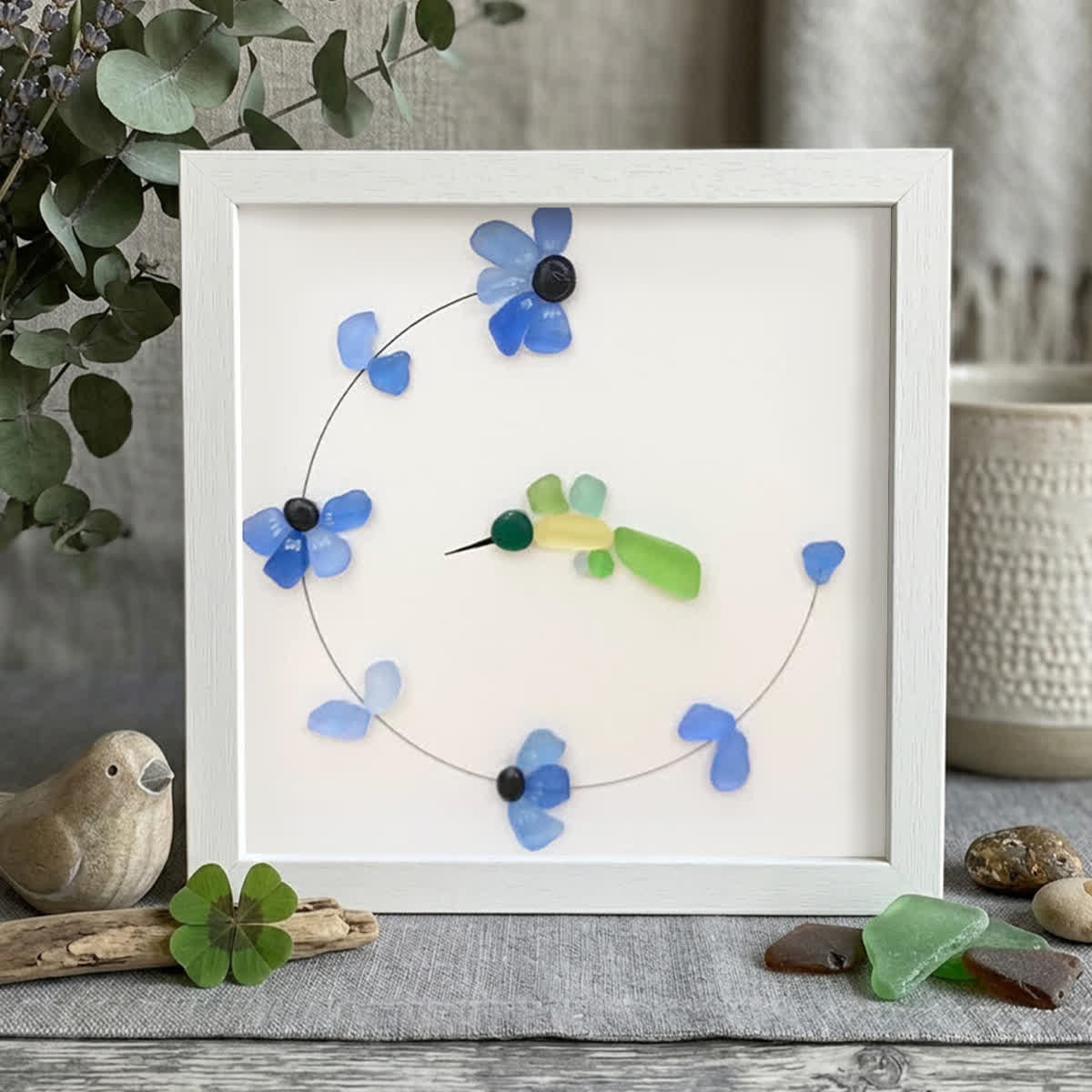 Flying Hummingbird Blue Flowers Sea Glass Framed Art - White - 8" X 8" - image 10