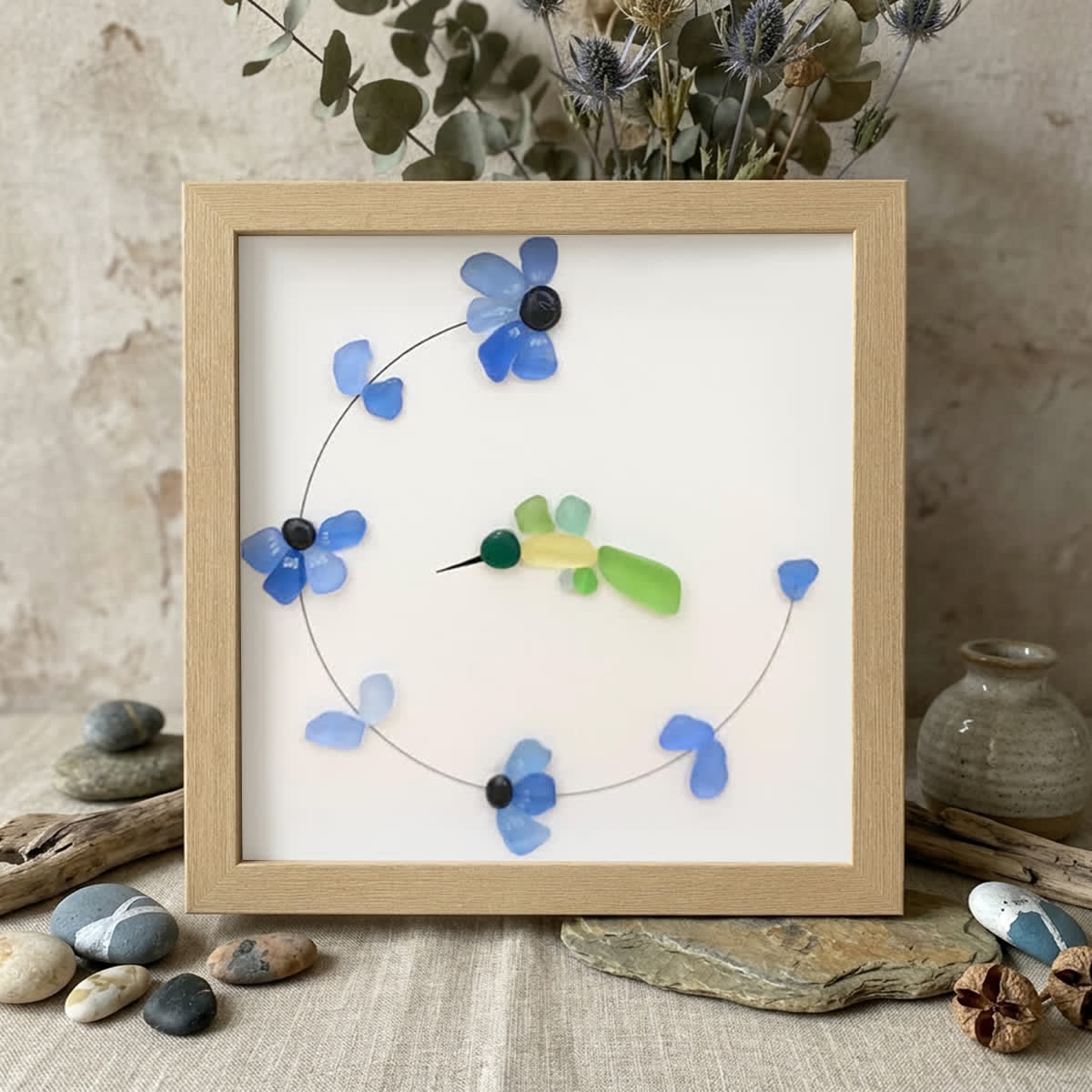 Flying Hummingbird Blue Flowers Sea Glass Framed Art - Oak - 8" X 8" - image 8