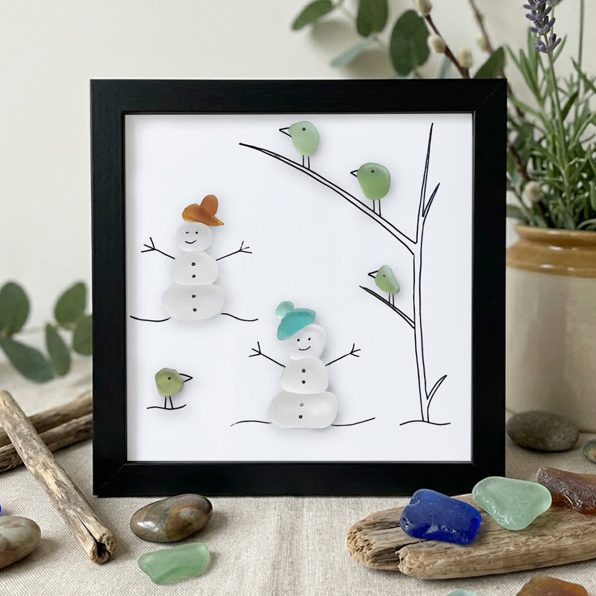 Frosty Snowman Friends Gathering Sea Glass Framed Art - Black - 8" X 8" - image 11
