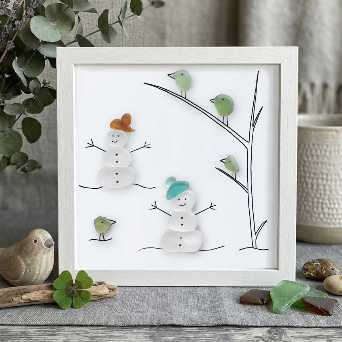 Frosty Snowman Friends Gathering Sea Glass Framed Art - White - 8" X 8" - image 12