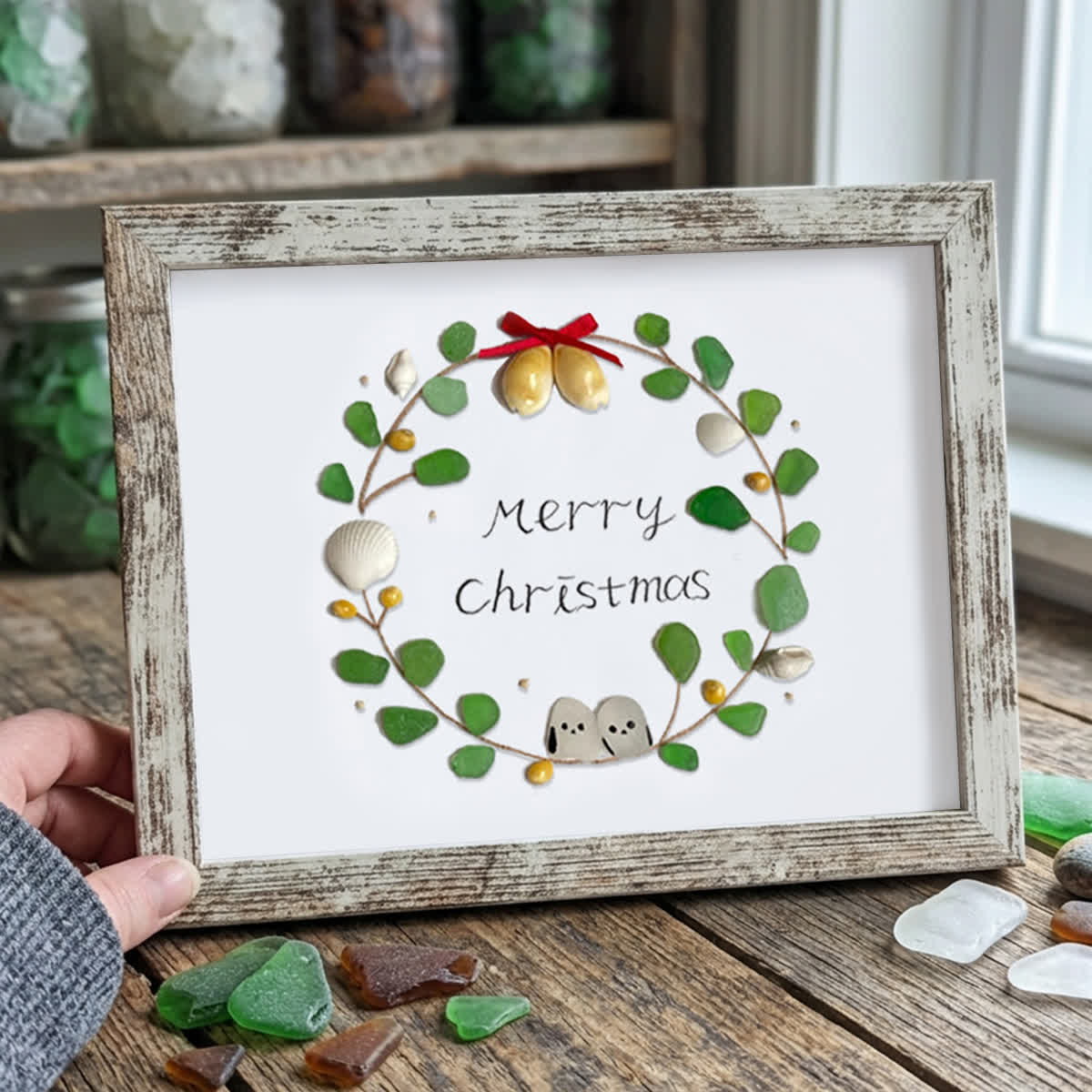 Christmas Wreath Holiday Harmony Sea Glass Framed Art - Retro White - 6" X 8" - image 18