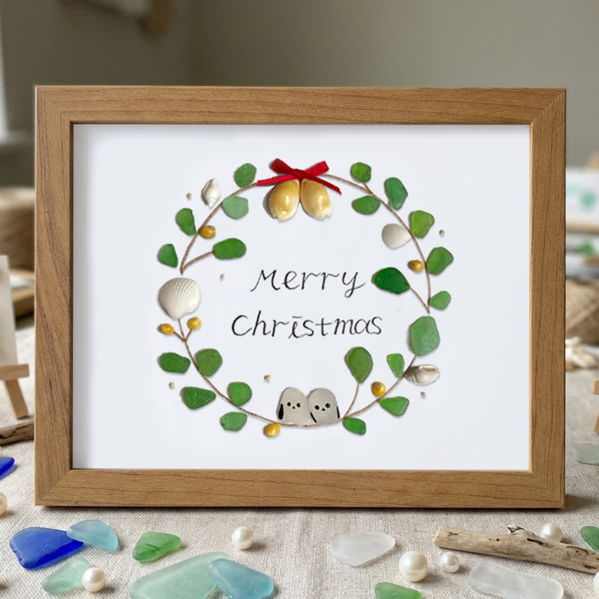 Christmas Wreath Holiday Harmony Sea Glass Framed Art - Walnut Brown - 6" X 8" - image 15