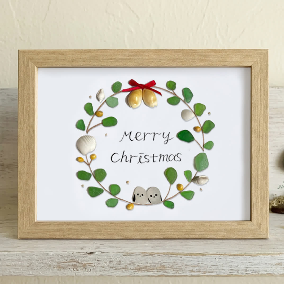 Christmas Wreath Holiday Harmony Sea Glass Framed Art - Oak - 6" X 8" - image 14