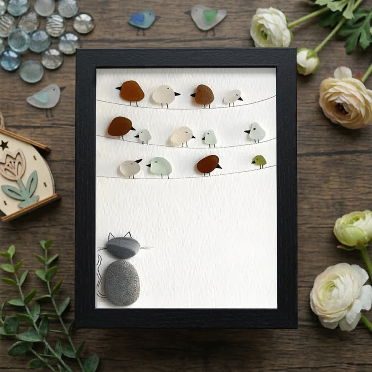 Birds On A Wire & Curious Cat Sea Glass Framed Art - Black - 8" X 6" - image 15