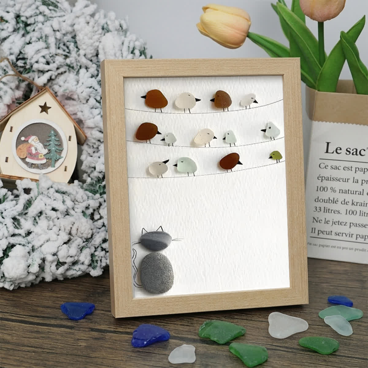 Birds On A Wire & Curious Cat Sea Glass Framed Art - Oak - 8" X 6" - image 13