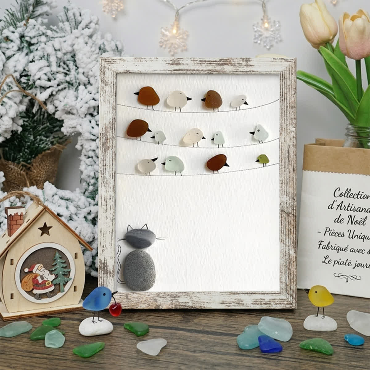 Birds On A Wire & Curious Cat Sea Glass Framed Art - Retro White - 8" X 6" - image 17