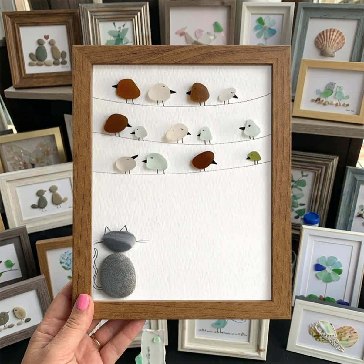 Birds On A Wire & Curious Cat Sea Glass Framed Art - Walnut Brown - 8" X 6" - image 14