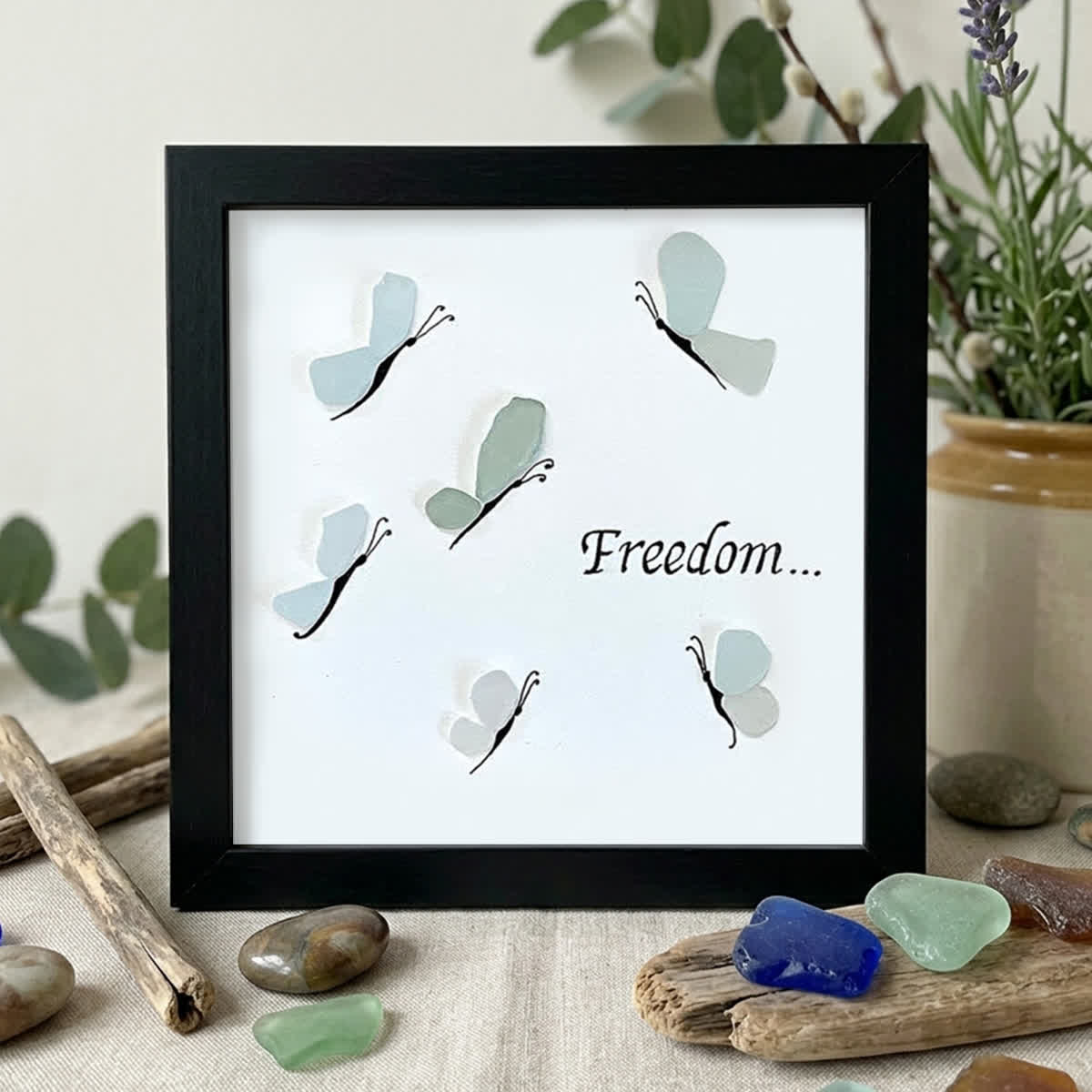 "Freedom..." Butterflies Sea Glass Framed Art - Black - 8" X 8" - image 10