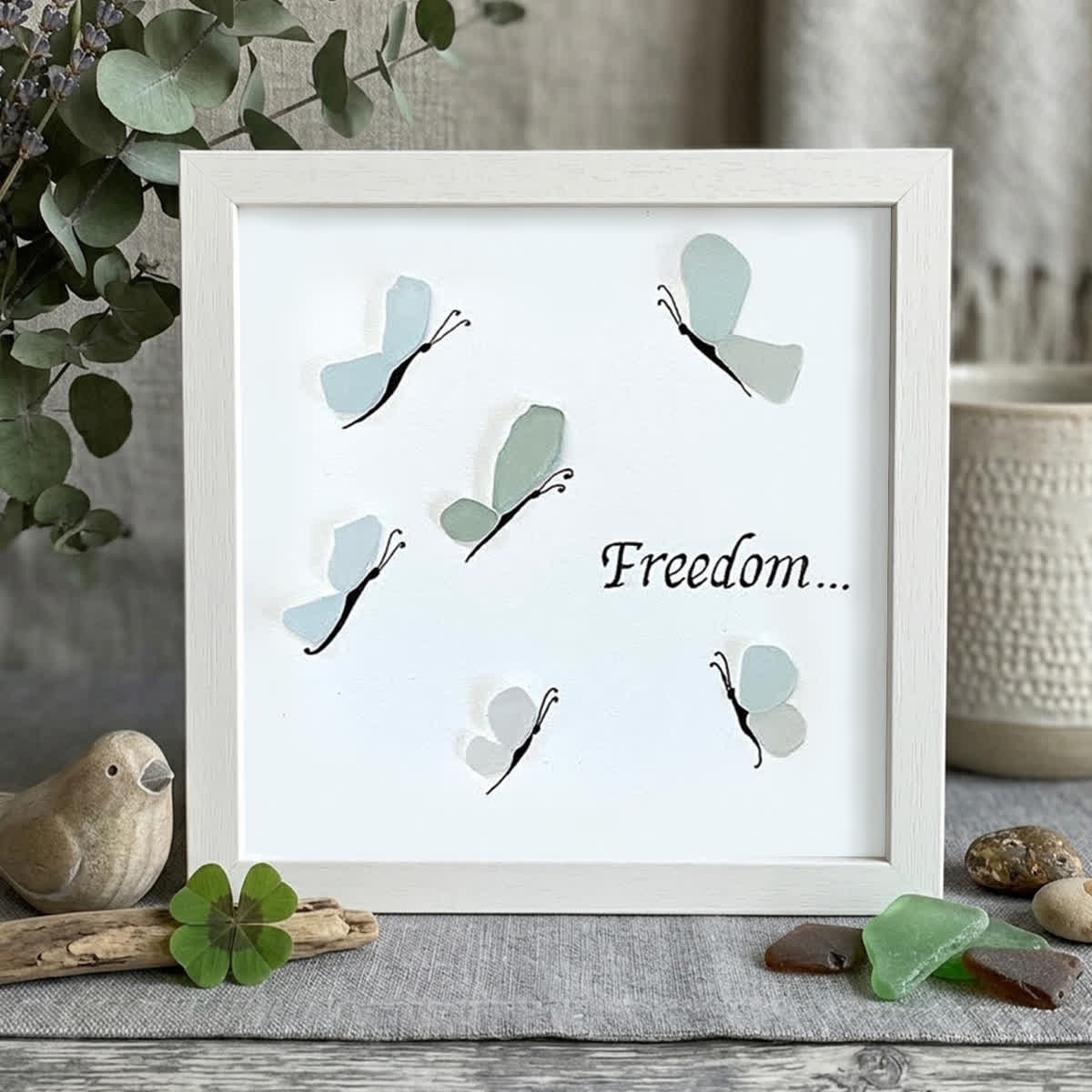 "Freedom..." Butterflies Sea Glass Framed Art - White - 8" X 8" - image 11
