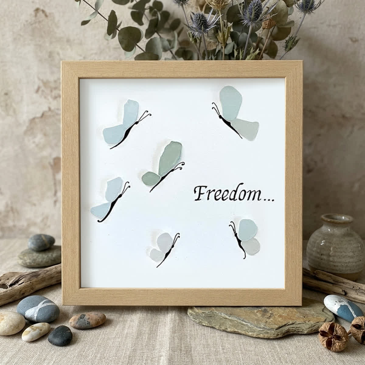 "Freedom..." Butterflies Sea Glass Framed Art - Oak - 8" X 8" - image 9