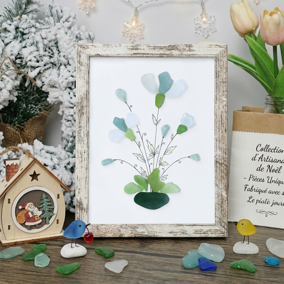 Whimsical Bouquet Flower Sea Glass Framed Art - Retro White - 6" X 8" - image 17