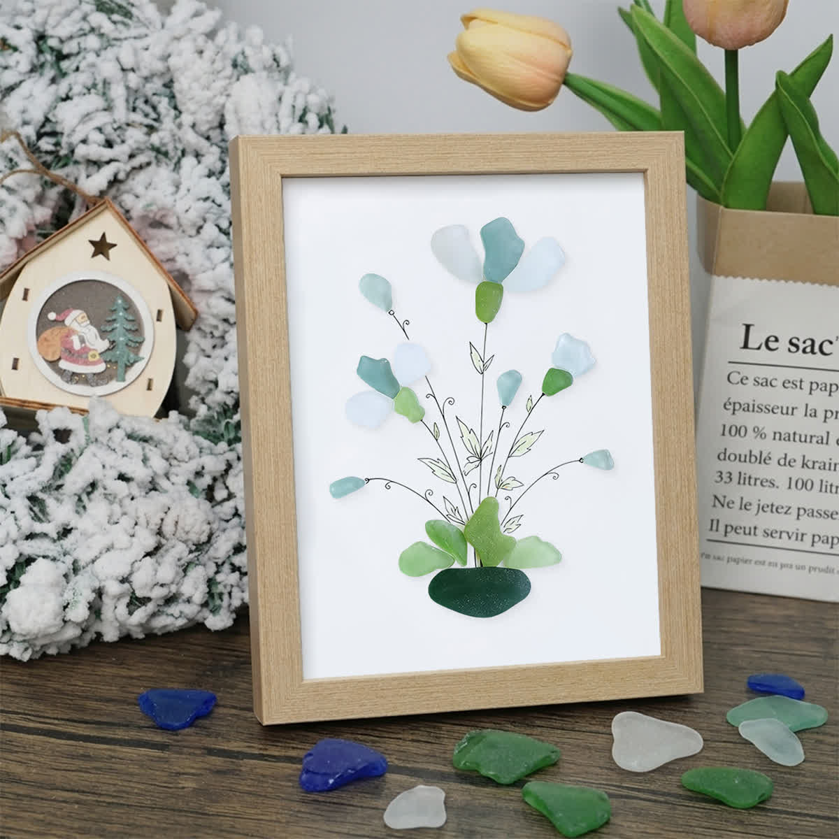 Whimsical Bouquet Flower Sea Glass Framed Art - Oak - 6" X 8" - image 13