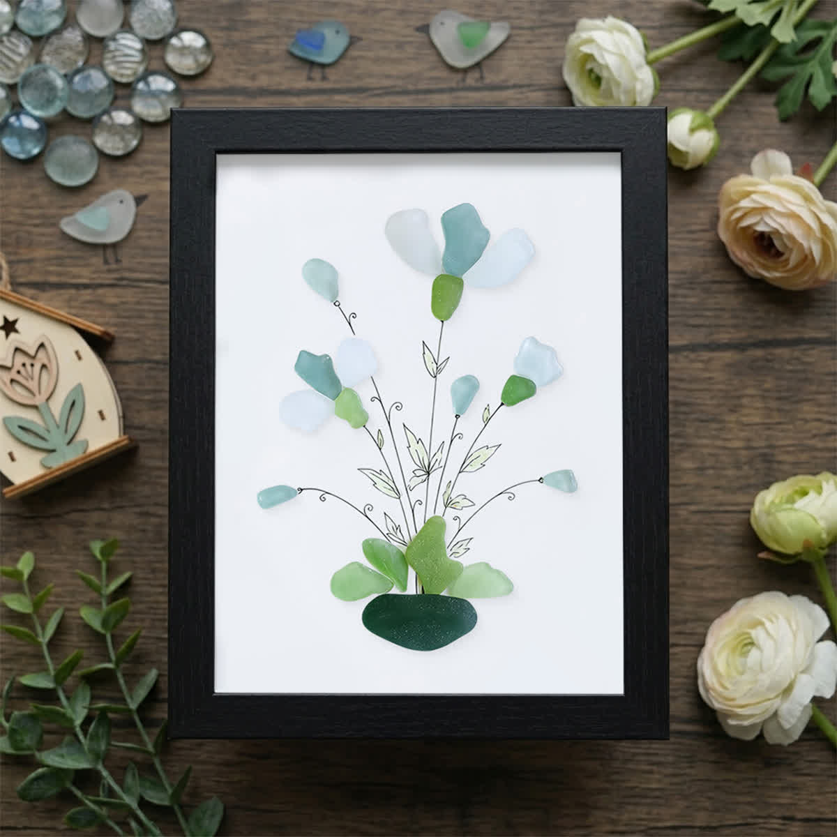 Whimsical Bouquet Flower Sea Glass Framed Art - Black - 6" X 8" - image 15