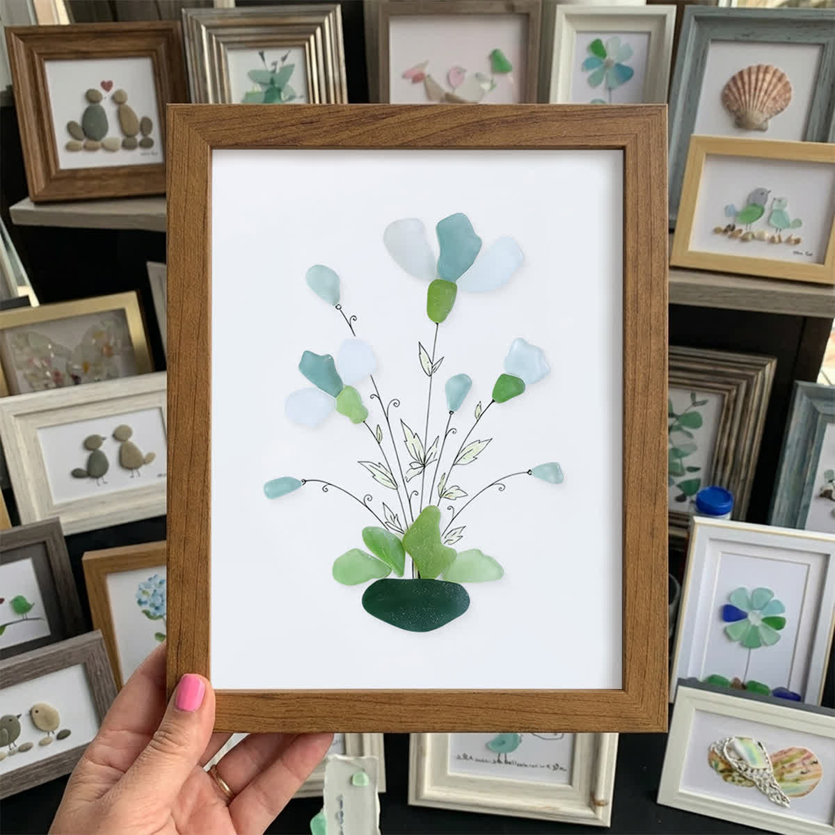 Whimsical Bouquet Flower Sea Glass Framed Art - Walnut Brown - 6" X 8" - image 14