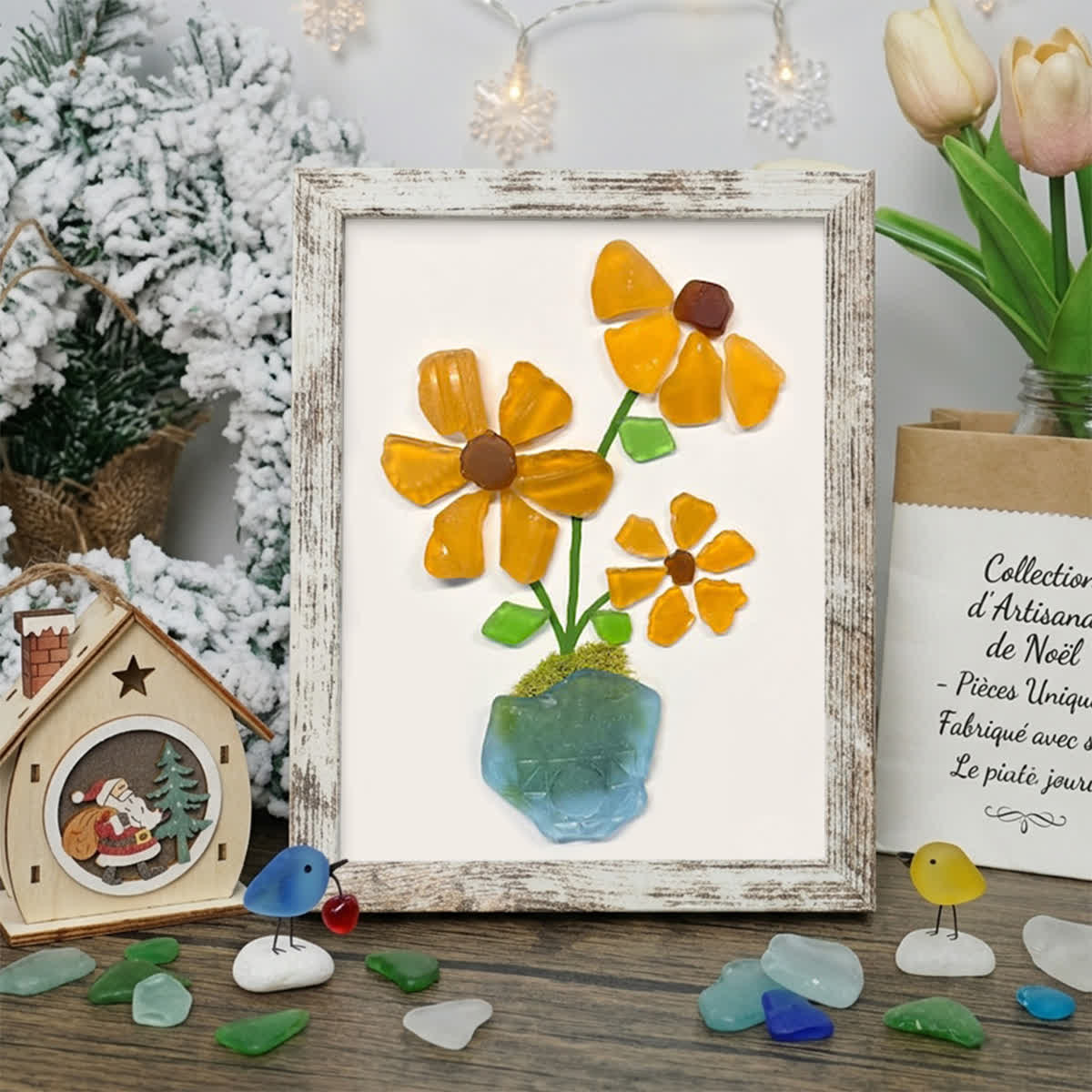 Sunshine Blooms Sea Glass Framed Art - Retro White - 6" X 8" - image 12