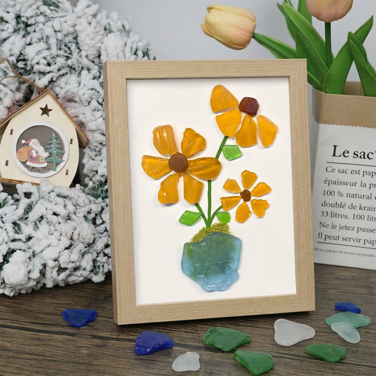 Sunshine Blooms Sea Glass Framed Art - Oak - 6" X 8" - image 8