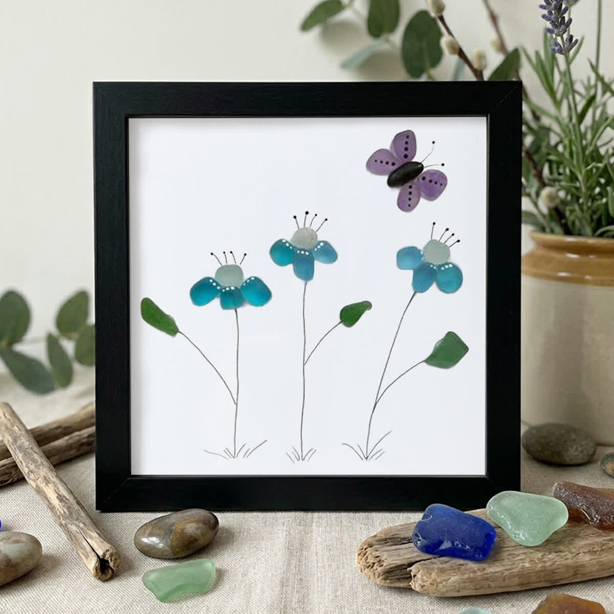 Butterfly Bliss Sea Glass Framed Art - Black - 8" X 8" - image 13