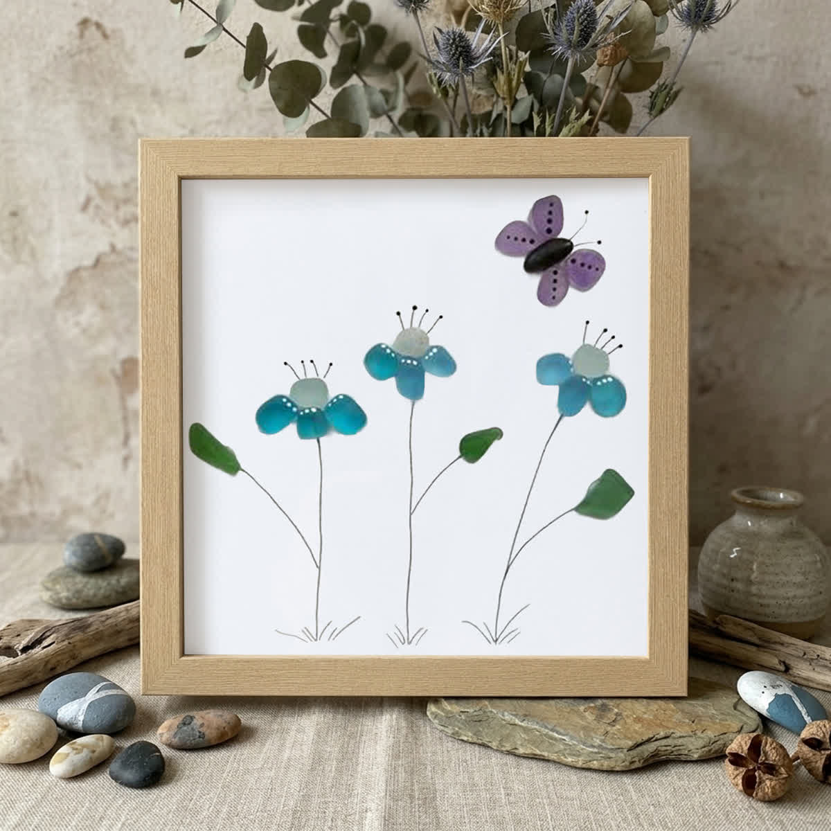 Butterfly Bliss Sea Glass Framed Art - Oak - 8" X 8" - image 12