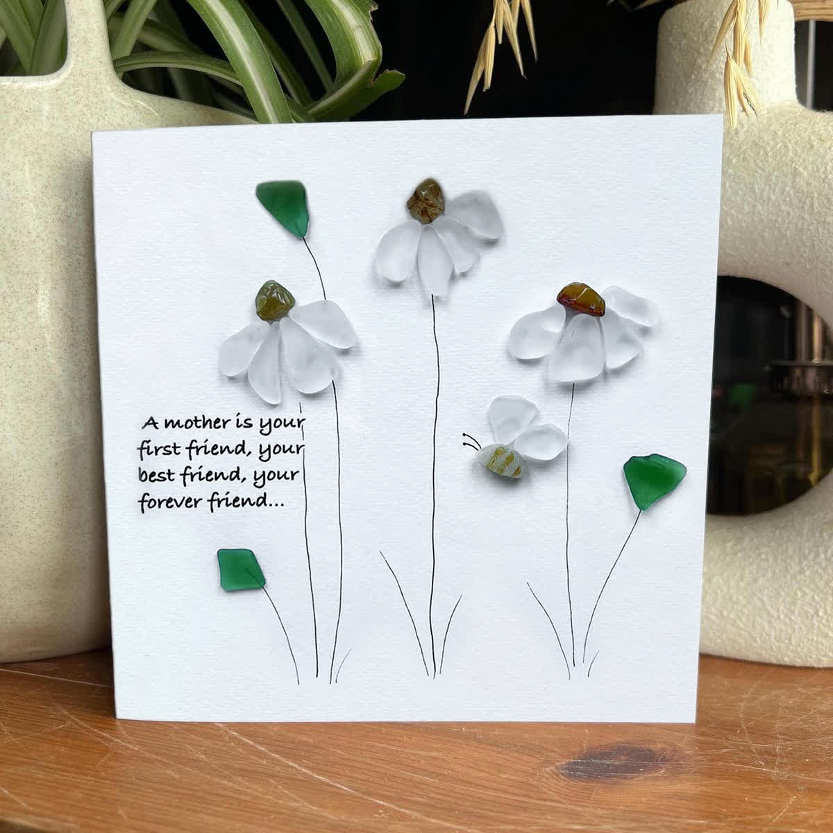 Daisy & Bee Blooms For Mom Sea Glass Framed Art - Seaglass Card - 8" X 8" - image 1