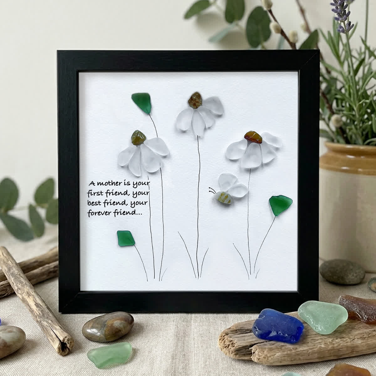 Daisy & Bee Blooms For Mom Sea Glass Framed Art - Black - 8" X 8" - image 10