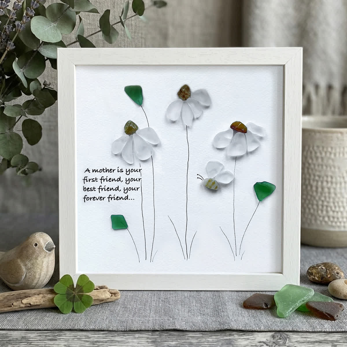 Daisy & Bee Blooms For Mom Sea Glass Framed Art - White - 8" X 8" - image 11