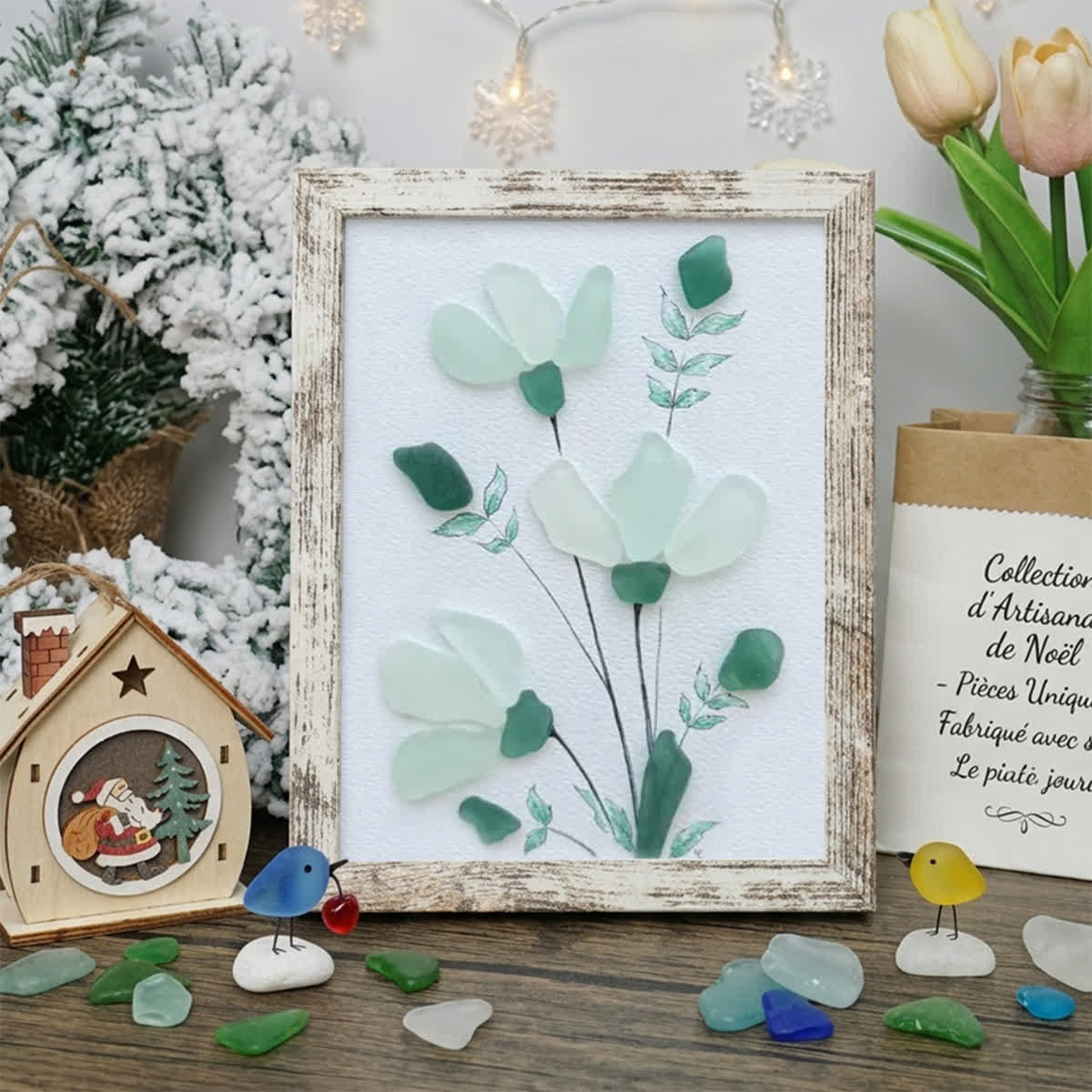 Whispering Blooms Sea Glass Framed Art - Retro White - 6" X 8" - image 12
